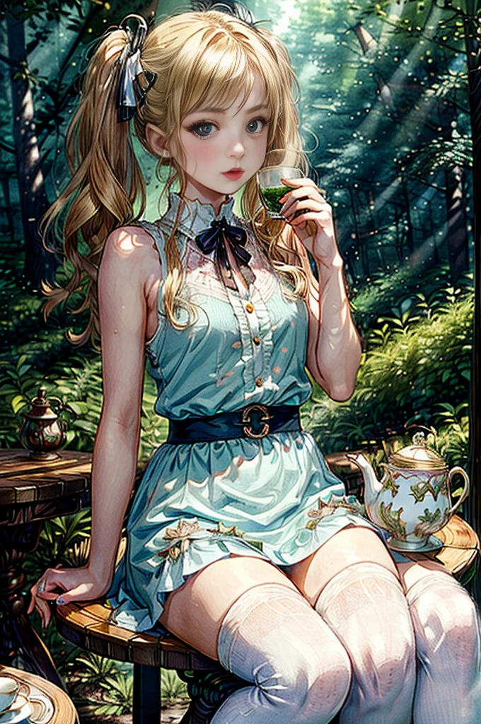 (masterpiece, best quality, fairy tale illustration:1.2), intricate details, 1girl, 25 years old Alice in Wonderland clothes, blue sleeveless dress, skinny, blonde hair, pigtails, blonde pigtails, black and white knee socks, ((sitting at a table in a forest, daytime)), ((drinking tea from a white porcelain cup)), 3/4 view, closeup