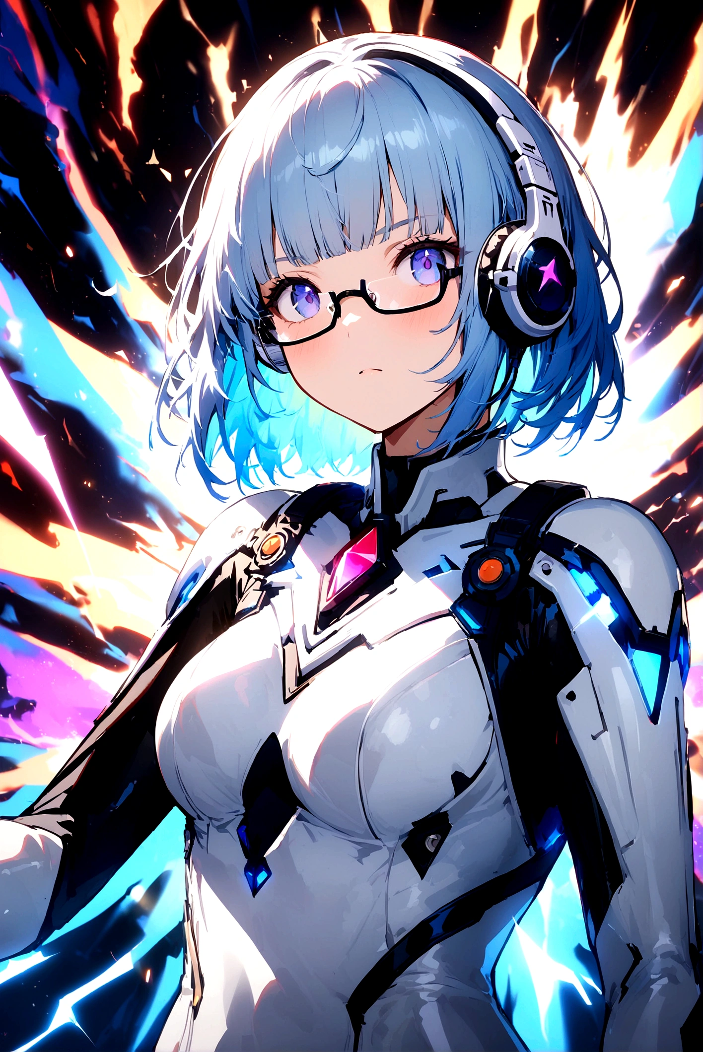 (extremely detailed fine touch:1.3), 1 girl, (((white semi-rimless eyewear:1.3))), (white headphone:1.2), short hair, blunt bangs, 1 girl, very bewitching cybersuit, thunder, electrified aura, charged atmosphere