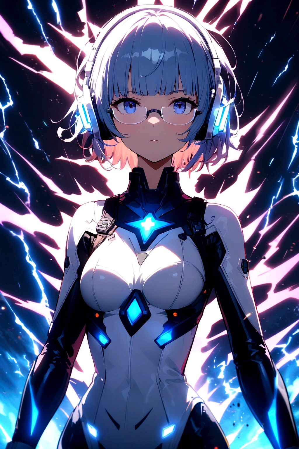 (extremely detailed fine touch:1.3), 1 girl, (((white semi-rimless eyewear:1.3))), (white headphone:1.2), short hair, blunt bangs, 1 girl, very bewitching cybersuit, thunder, electrified aura, charged atmosphere