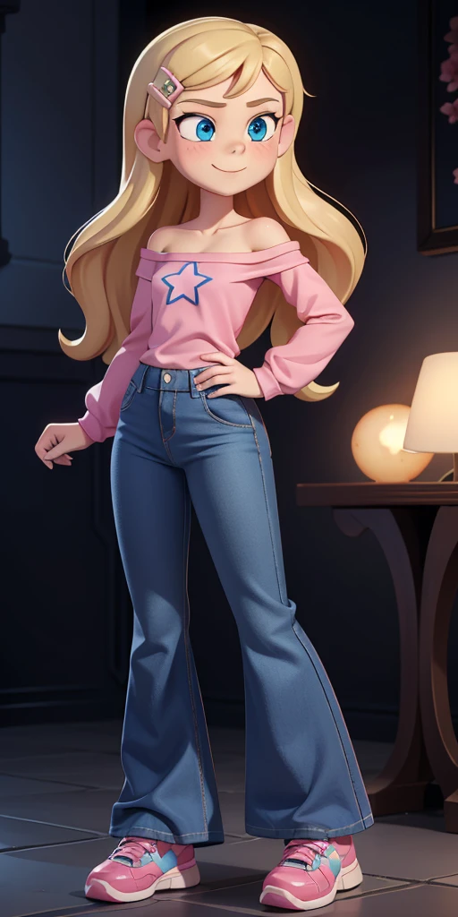 score_9, source_cartoon, 1girl, solo, Kelly Marra, looking very happy, looking very cute, long hair, blonde hair, cute blue eyes, hair ornament, hairclip, blue pants, white star (symbol) in the middle of the shirt, flare baggy blue pants(Wide flares on pants:1.2), pink sketchers shoes, Pink off shoulder t-shirt with white long sleeves,