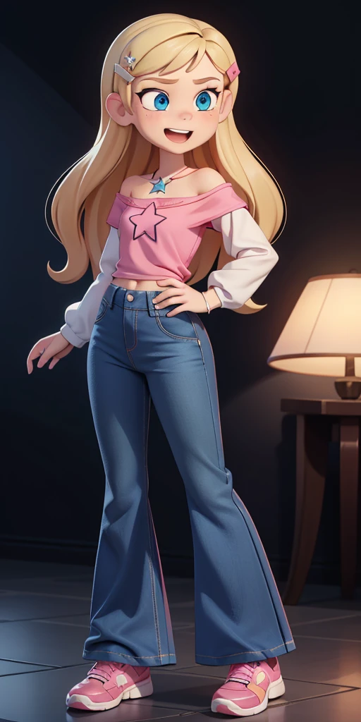 score_9, source_cartoon, 1girl, solo, Kelly Marra, looking very happy, looking very cute, long hair, blonde hair, cute blue eyes, hair ornament, hairclip, blue pants, white star (symbol) in the middle of the shirt, flare baggy blue pants(Wide flares on pants:1.2), pink sketchers shoes, Pink off shoulder t-shirt with white long sleeves,
