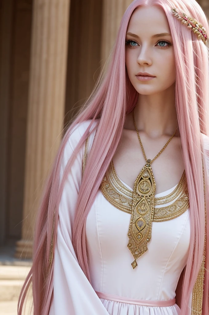 *she has long pink hair 
*Pale skin and pink eyes. 
*she wears a long dress, usually black and gold. 
*Dress like ancient nobility 
*His right eye is hidden by his hair.
*She has a big bust 