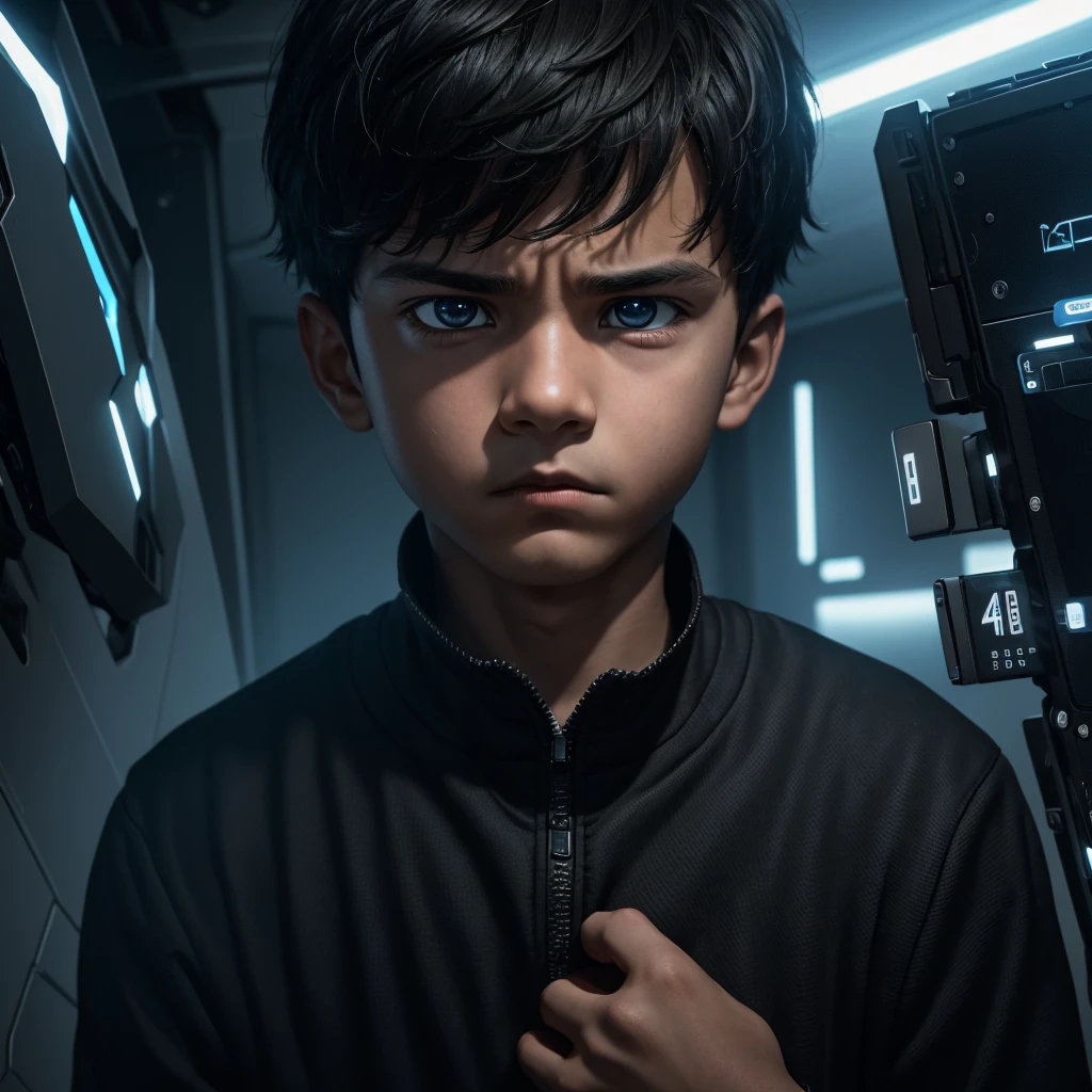 A boy with a menacing gaze hides his face in a technologically advanced 4K environment, creating an air of mystery and suspense in the digital world.