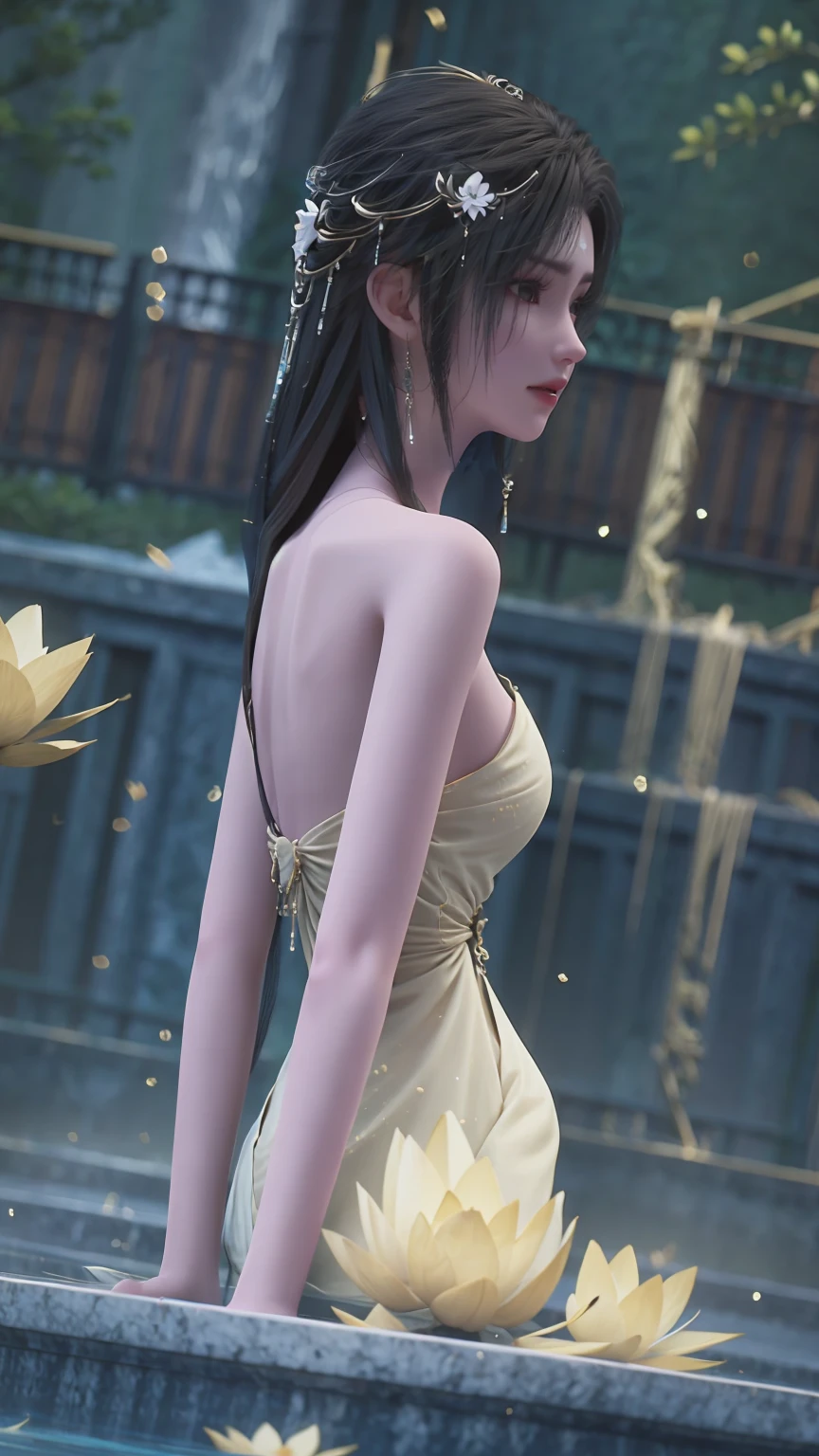 a beautiful young woman bathing in a serene lake, water up to her shoulders, her hands covering her chest, golden glowing lotus flowers floating on the surface, soft lighting, intimate and sensual mood, highly detailed, cinematic composition, realistic, photorealistic
