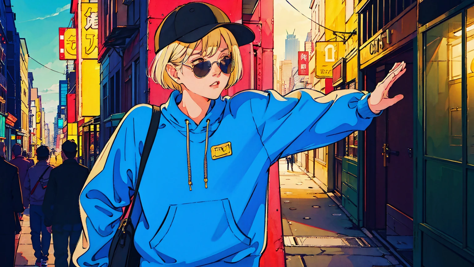 80's, Retro, City Pop, Best Photo Poses, 街の通りで柱に寄りかかっている Dynamic Angle,girl, alone, cool, Delicate face, Wearing sunglasses, Blonde Hair, Cityscape, City of night, Casual street wear, Street side, Wearing a cap, Trendy clothing, clock, sneakers, Dynamic Angle