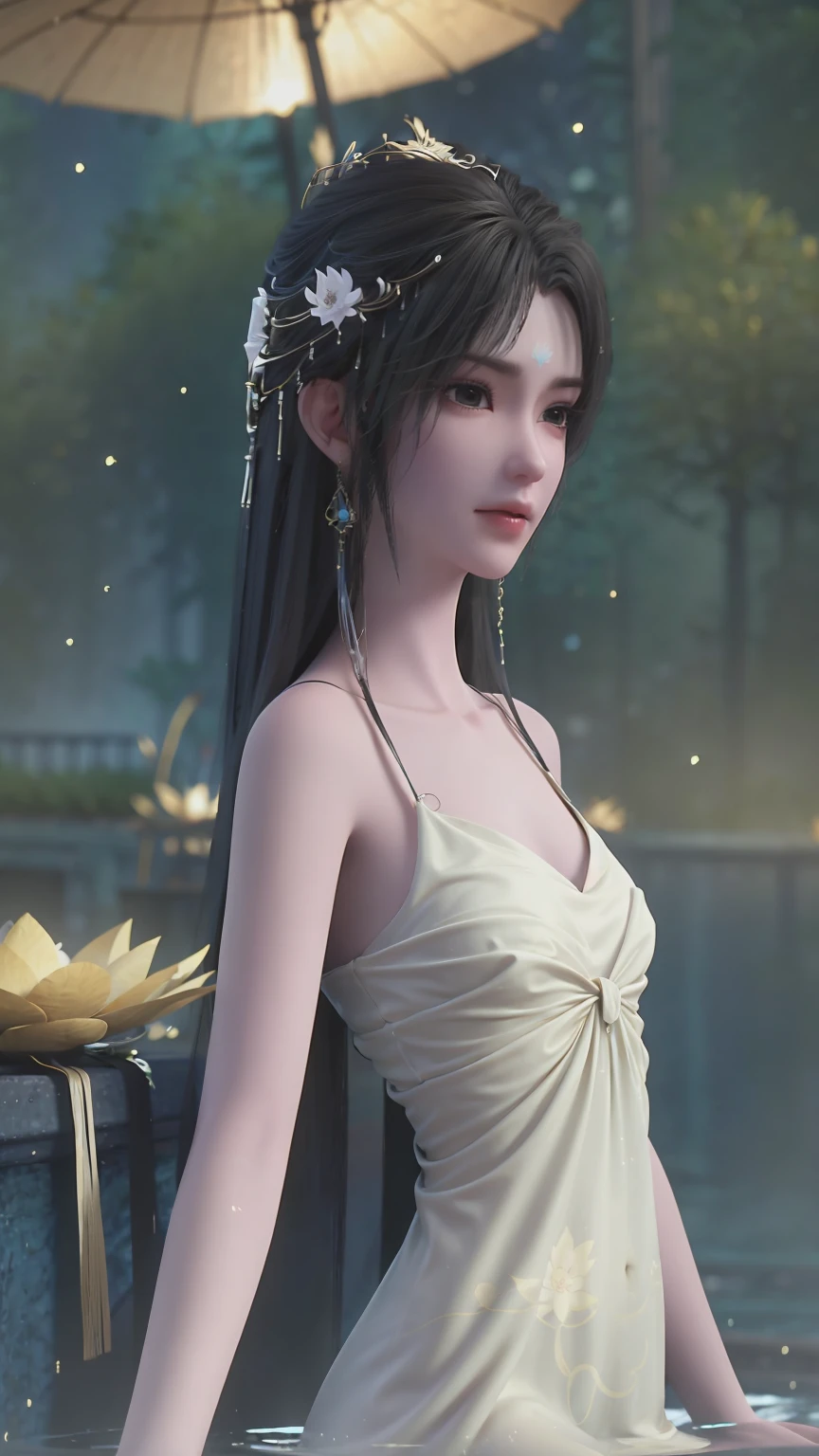 a beautiful young woman bathing in a serene lake, water up to her shoulders, her hands covering her chest, golden glowing lotus flowers floating on the surface, soft lighting, intimate and sensual mood, highly detailed, cinematic composition, realistic, photorealistic