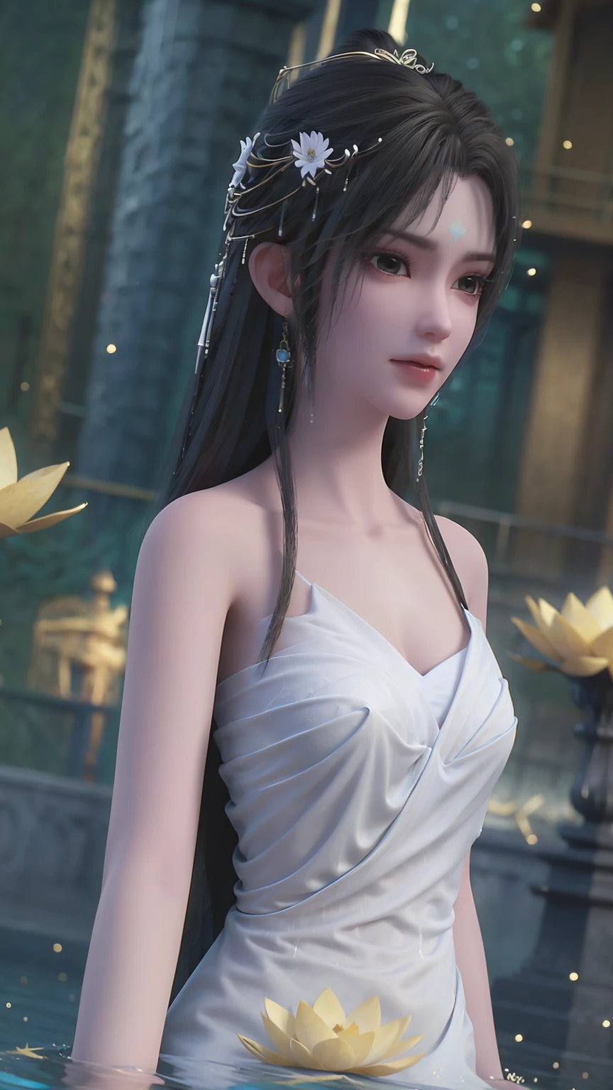 a beautiful young woman bathing in a serene lake, water up to her shoulders, her hands covering her chest, golden glowing lotus flowers floating on the surface, soft lighting, intimate and sensual mood, highly detailed, cinematic composition, realistic, photorealistic