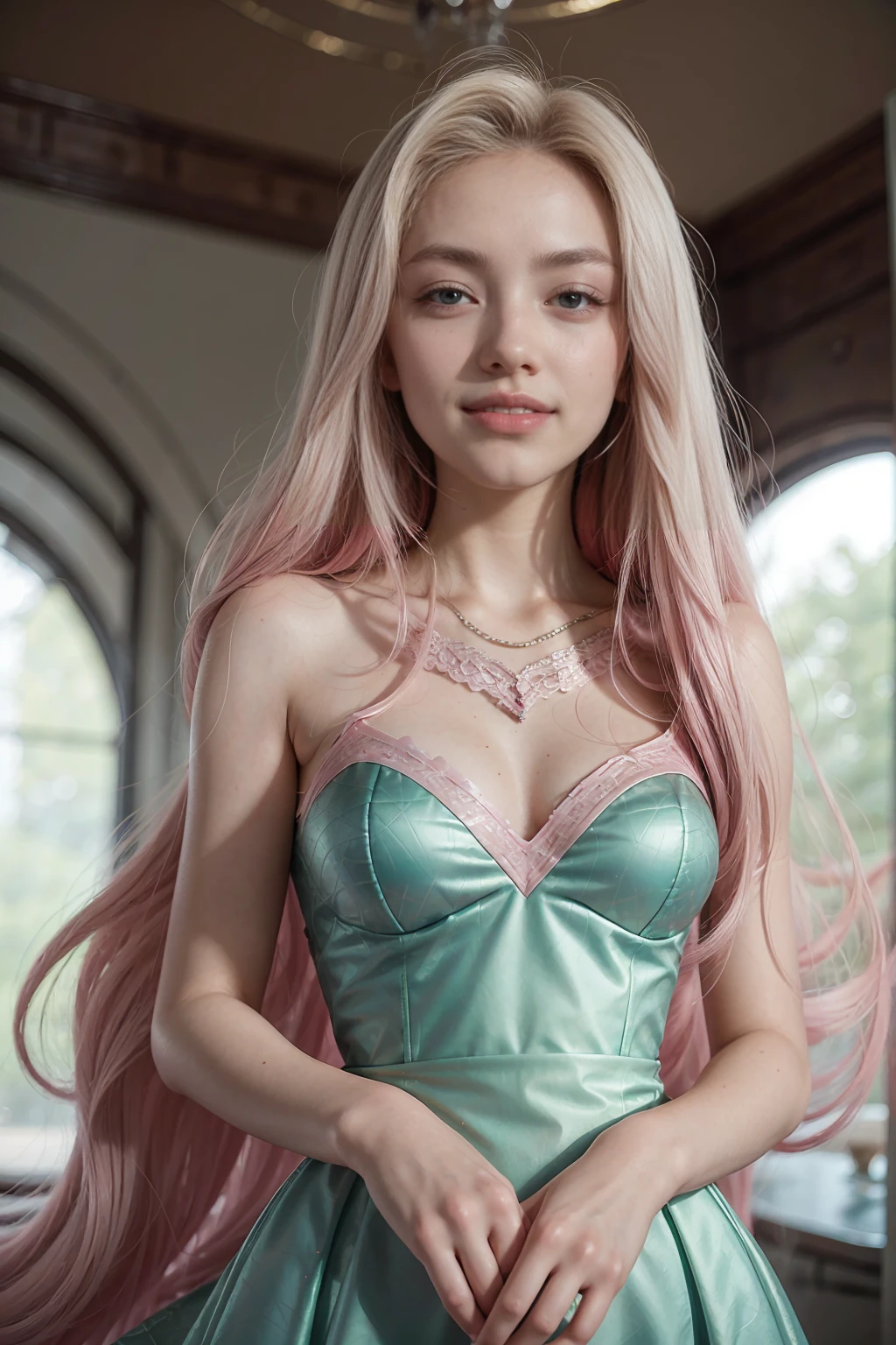 portrait of a beautiful teenage girl, breasts big, intricate dress, Sorriso Soft, Red lips, white hair with pink tips, greeneyes, 真实感, digitalpainting, conceptual artwork, Soft, sharp focus,