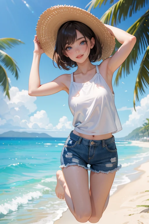 (Highest quality、masterpiece、High resolution、8K)、Vibrant colors、1 Female、Young and beautiful woman、whole body、(Detailed face、Beautiful Eyes、Beautiful nose、Pretty lips)、Black and brown short bob、White tank top and shorts、barefoot、Jump High、Surprised Smile、Official Art、The background is the sea、blue sky、Wide sandy beach、Wide forest、White waves and sandy beach、White Entrance Cloud、