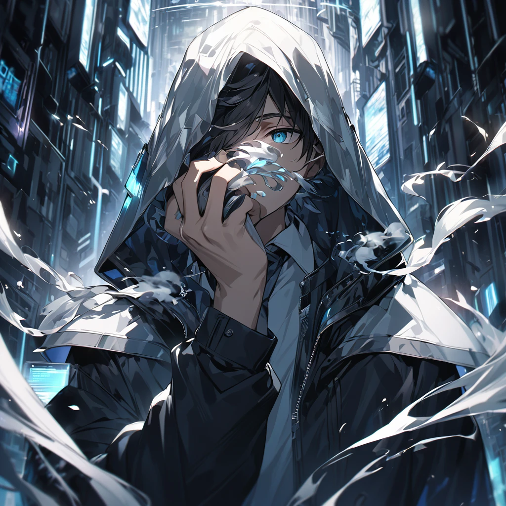  A boy with a menacing gaze hides his face in a technologically advanced 4K environment, creating an air of mystery and suspense in the digital world.