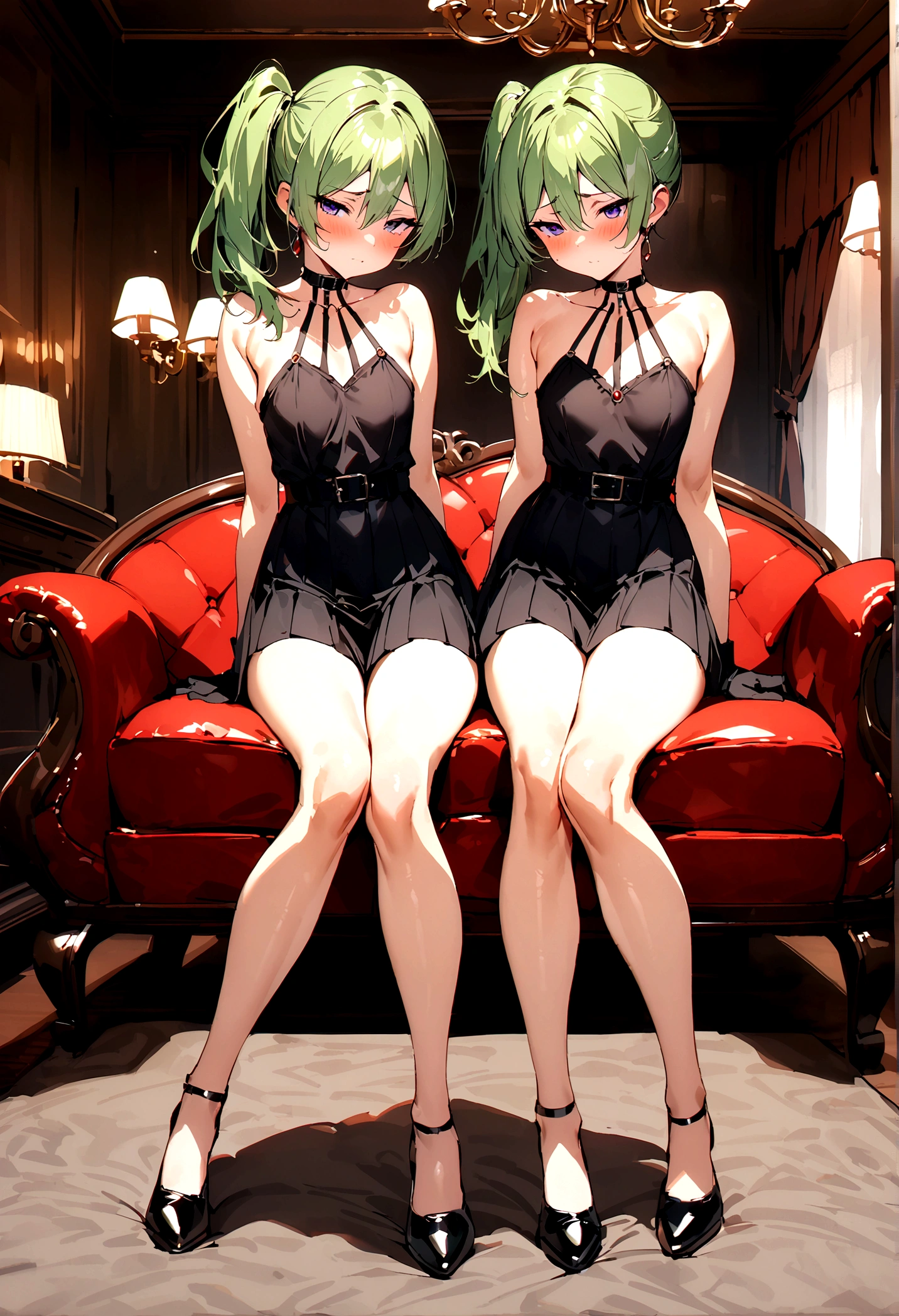 NSFW,masterpiece,Highest quality,High resolution,Super detailed,Uber\(Funeral of Frieren\),Green Hair、bangs、Hair between the eyes、Side Ponytail、Purple Eyes、Black choker、clavicle、No sleeve、Black Dress、No sleeveのドレス、Halter neck、Pleated skirt、Black gloves、belt、Black shoes,Embarrassed,blush,Luxurious Room,pub,Private room,sofa,heart,Sexy pose