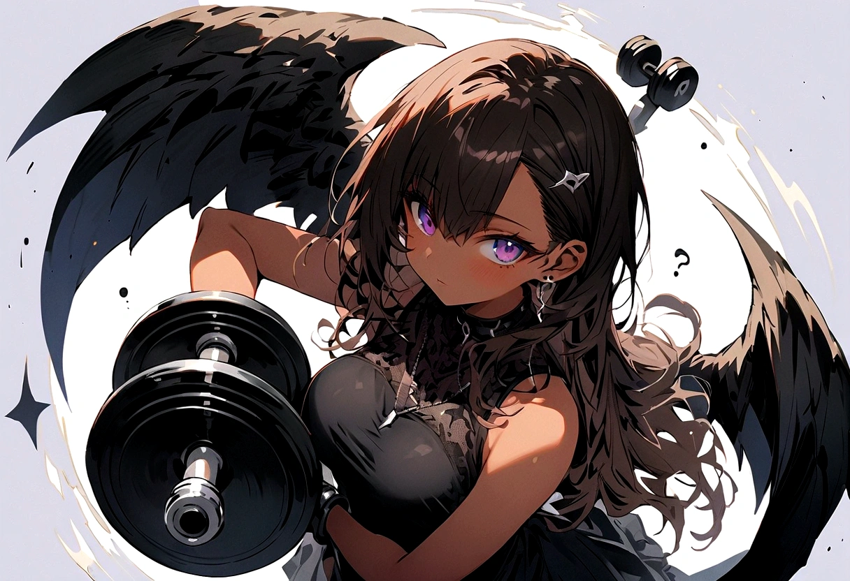 (punctuation_9, punctuation_8_High above, punctuation_7_High above), 1 adult anime girl, standing alone, gazing at viewer, black tail, purples eyes, breasts big, black gown, Twisted and crossed dumbbell, long hair, Long dark brown hair, ((darkskin)).