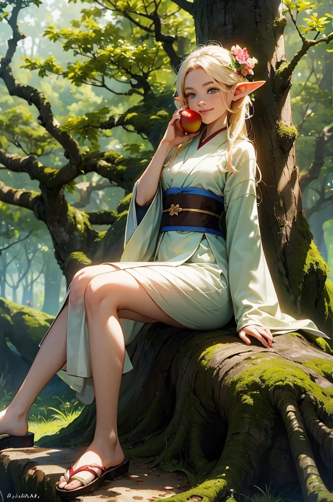 A young elf girl wearing a kimono sits on a large tree stump in a lush forest and bites an apple with a smile