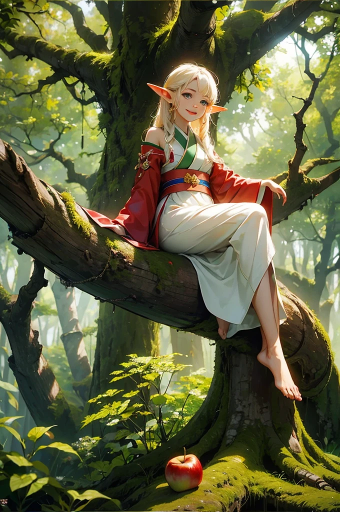 A young elf girl wearing a kimono sits on a large tree stump in a lush forest and bites an apple with a smile