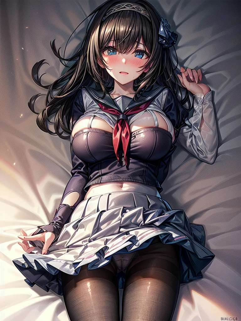 nsfw, (highly detailed beautiful face and eyes:1.2), (((lying))), nsfw, bbfumika, idolmaster, long hair, hairband, ((Sailor School uniform)), ((huge breasted)), Brown panties under pantyhose, torn pantyhose, pussy cutout pantyhose, ((white pantie)), 1girl, solo, (lift shirt:1.5), (show off breasts:1.5), (spread legs, legs up), (pleated mini skirt:1.3), from below, (white pantie, lift skirt, pantie shot, blush), (blushing:1.6), (town overview), detailed landscape, (best quality,masterpiece:1.2), intricate details, extremely detailed,8k resolution, natural lighting,