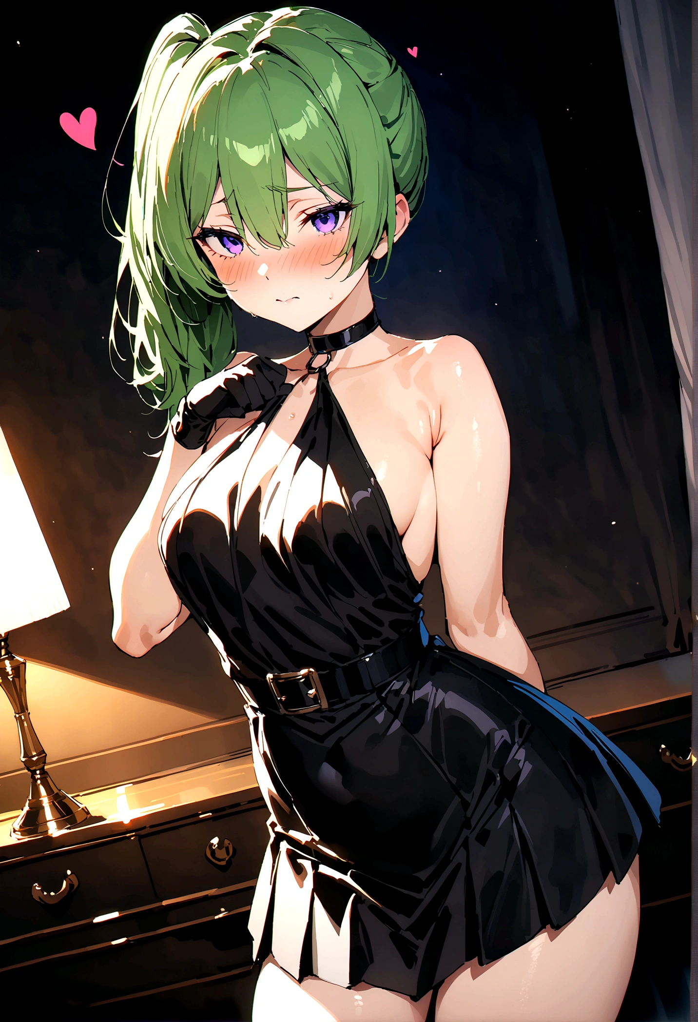 NSFW,masterpiece,Highest quality,High resolution,Super detailed,Uber\(Funeral of Frieren\),Green Hair、bangs、Hair between the eyes、Side Ponytail、Purple Eyes、Black choker、clavicle、No sleeve、high slit dress、No sleeveのドレス、Halter neck、Pleated skirt、Black gloves、belt、Black shoes,Embarrassed,blush,Luxurious Room,Brothel at night,heart,Sexy pose