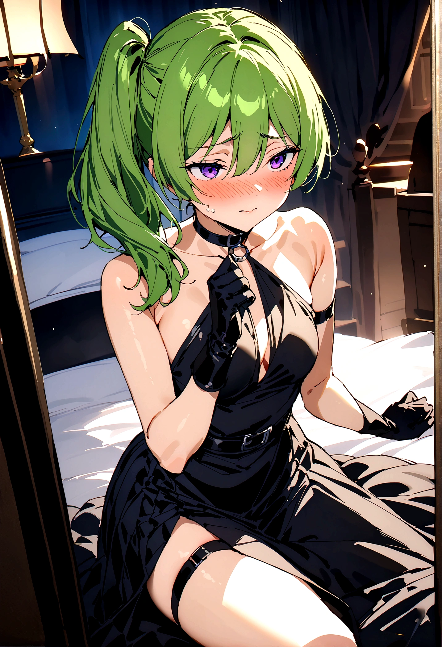 NSFW,masterpiece,Highest quality,High resolution,Super detailed,Uber\(Funeral of Frieren\),Green Hair、bangs、Hair between the eyes、Side Ponytail、Purple Eyes、Black choker、clavicle、No sleeve、high slit dress、No sleeveのドレス、Halter neck、Pleated skirt、Black gloves、belt、Black shoes,Embarrassed,blush,Luxurious Room,Brothel at night,heart,Sexy pose
