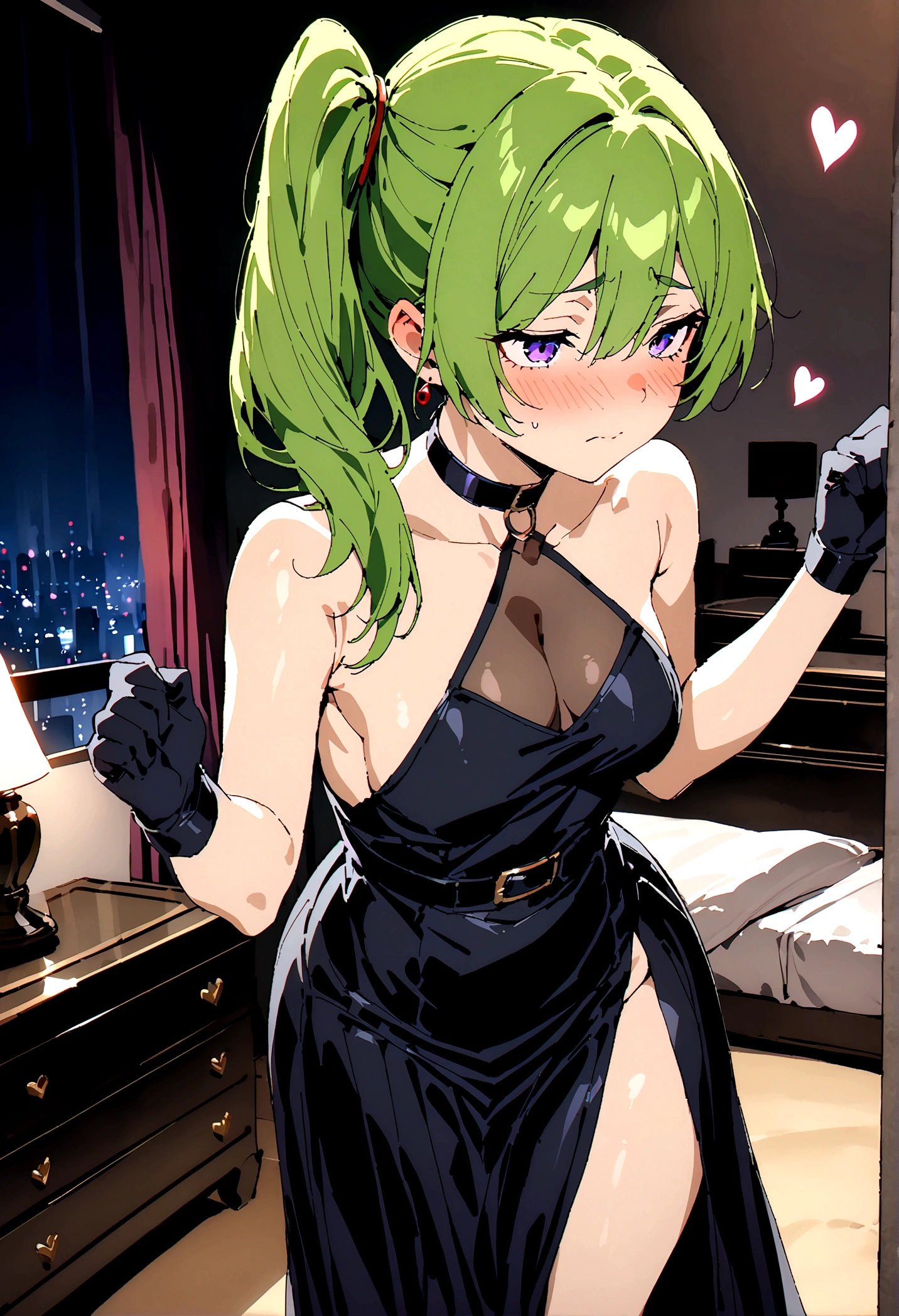 NSFW,masterpiece,Highest quality,High resolution,Super detailed,Uber\(Funeral of Frieren\),Green Hair、bangs、Hair between the eyes、Side Ponytail、Purple Eyes、Black choker、clavicle、No sleeve、high slit dress、No sleeveのドレス、Halter neck、Pleated skirt、Black gloves、belt、Black shoes,Embarrassed,blush,Luxurious Room,Brothel at night,heart,Sexy pose