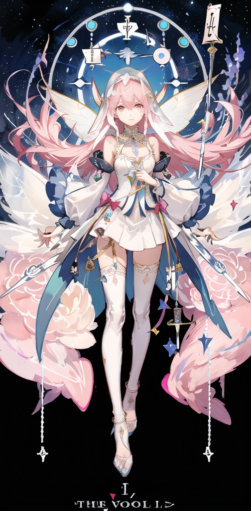 Bring an umbrella,Gorgeous designed white slip dress,Whole body diagram,one with pink hair,blue color eyes,Gorgeous headdress,Rabbit element,Angel element。