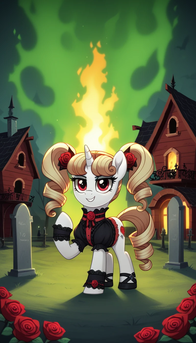 score_9,score_8_up,score_7_up,score_6_up, filly, unicorn, white fur, curly blonde hair, twintails, red eyes, Gothic pony, lolita fashion, glowing backlight, fashion show, graveyard, glitter, whimsical, enchanted, magical, fantasy art concept, intricate details, innocent evil smile, red rose cutie mark, burning house background