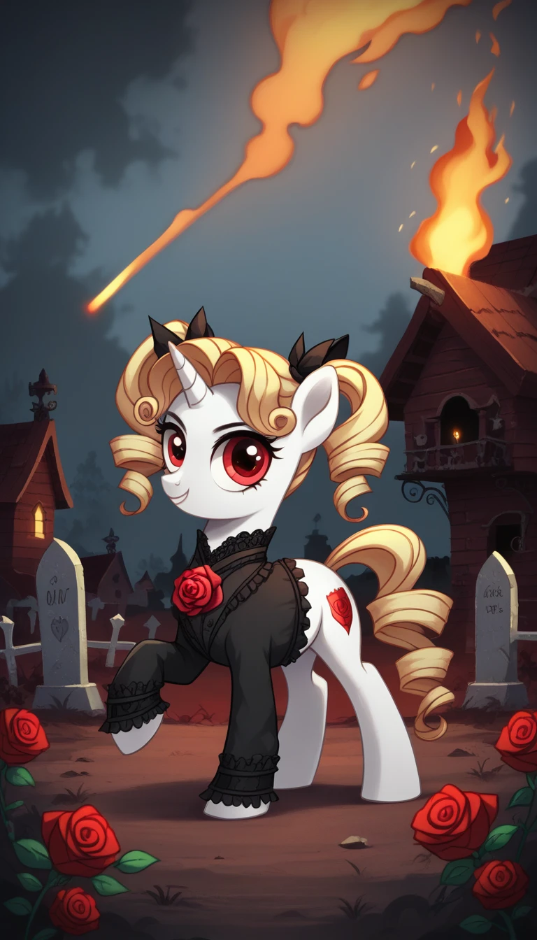 score_9,score_8_up,score_7_up,score_6_up, filly, unicorn, white fur, curly blonde hair, twintails, red eyes, Gothic pony, lolita fashion, glowing backlight, fashion show, graveyard, glitter, whimsical, enchanted, magical, fantasy art concept, intricate details, innocent evil smile, red rose cutie mark, burning house background
