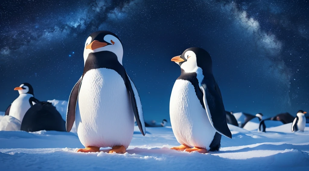 The world of picture books、Cute Penguin 、Antarctica Land,A starry sky(Variety of colors,Highest quality,More details More detailasterpiece,Folk crafts,Cinematic Lighting Effects,4K,Chiaroscuro)