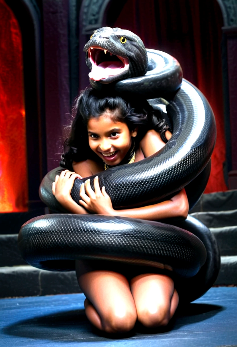 Happy Horny, aroused 1girl), beautiful kneeling Indian  girl  with  giant colossal black anaconda monster  squeezing her hard, wrapped in thick spiraling coils, constricted, struggle, gasping for air, snake attack, snake peril, moonless night, dim light