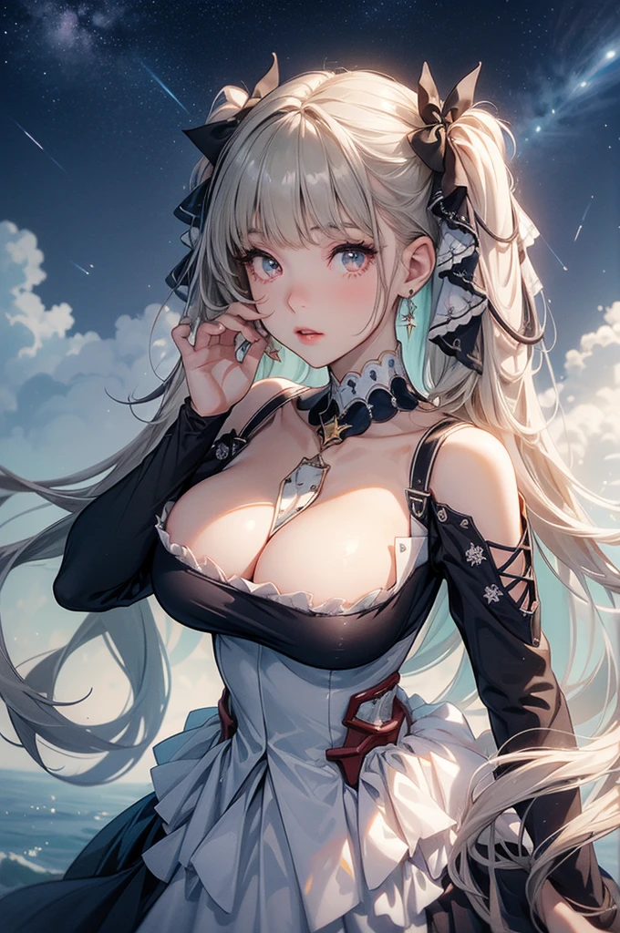 ((dress_default, terrific_default, ornament_waist)):1.5,((独奏, 1girl)) ((masterpiece,Highest quality,Highly detailed images,Beautiful images、Realistic、Dutch Angle)),(Dynamic Angle)、 (Bright lighting overall、Backlight、A fantastic atmosphere、Thick Fog、Dust flutters),(Dynamic pose、Beautiful cleavage、huge breasts, Support your chest with your hands)1.2, ((Beautiful starry sky、shooting star、Ocean))、Black sleeves