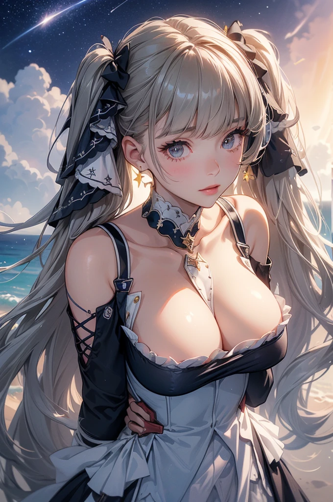 ((dress_default, terrific_default, ornament_waist)):1.5,((独奏, 1girl)) ((masterpiece,Highest quality,Highly detailed images,Beautiful images、Realistic、Dutch Angle)),(Dynamic Angle)、 (Bright lighting overall、Backlight、A fantastic atmosphere、Thick Fog、Dust flutters),(Dynamic pose、Beautiful cleavage、huge breasts, Support your chest with your hands)1.2, ((Beautiful starry sky、shooting star、Ocean))、Black sleeves