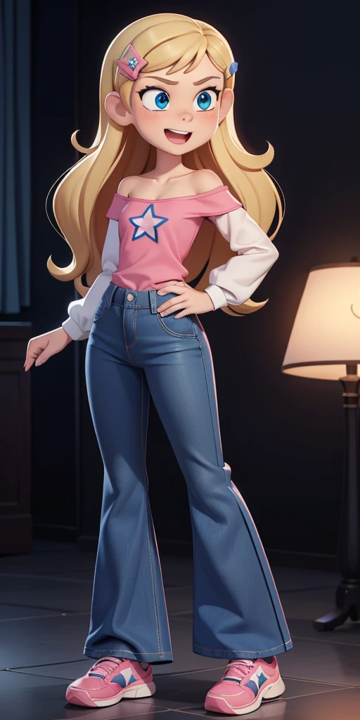 score_9, source_cartoon, 1girl, solo, Kelly Marra, looking very happy, looking very cute, long hair, blonde hair, cute blue eyes, hair ornament, hairclip, blue pants, white star (symbol) in the middle of the shirt, flare baggy blue pants(Wide flares on pants:1.2), pink sketchers shoes, Pink off shoulder t-shirt with white long sleeves,