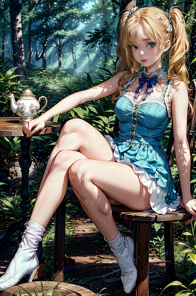 (masterpiece, best quality, fairy tale illustration:1.2), intricate details, 1girl, 25 years old Alice in Wonderland clothes, blue sleeveless dress, skinny, blonde hair, pigtails, blonde pigtails, open legs, tight panties, black and white knee socks, ((sitting at a table in a forest, daytime)), ((drinking tea from a white porcelain cup)), 3/4 view, closeup