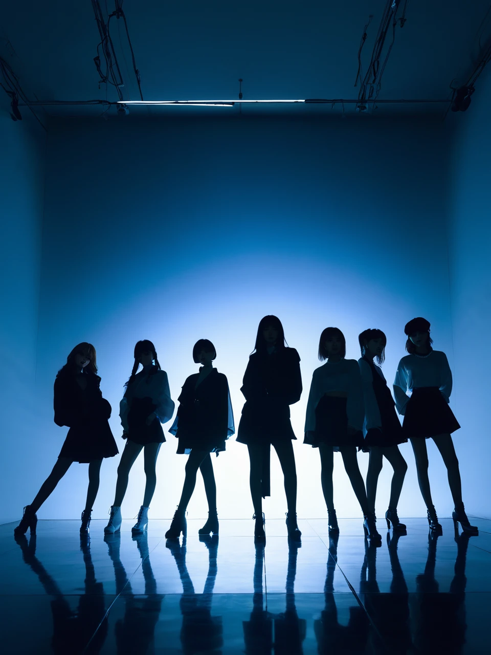 薄dark部屋に佇むFive women, unlimited, Generic KPOP, silhouette, , unlimited, Backlight, dark、Spotlight、A long shadow stretching forward、Five women、audition