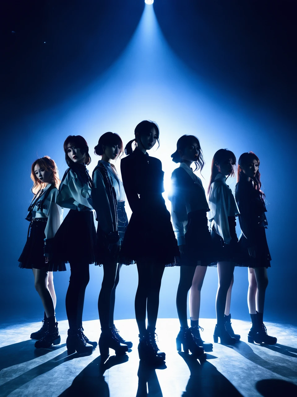 薄dark部屋に佇むFive women, unlimited, Generic KPOP, silhouette, , unlimited, Backlight, dark、Spotlight、A long shadow stretching forward、Five women、audition