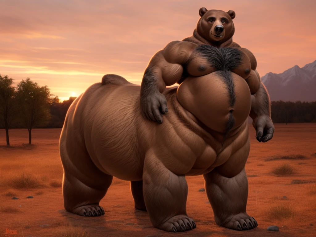 furry, fur taur, beartaur, middle-age, solo, detailed face, bear ears, bear eyes(brown), bear nose(black), bear mouth, garibaldi beard(grey), mature hair(grey), detailed arms, thick arms, muscular, thick hands(5 fingers), detailed body belly, thick body, muscle belly(white), thick chest, chest hair(grey), detailed taur body, thick taur body, thick bear paws, thick bear tail, full body shot, sunset, standing on the camp