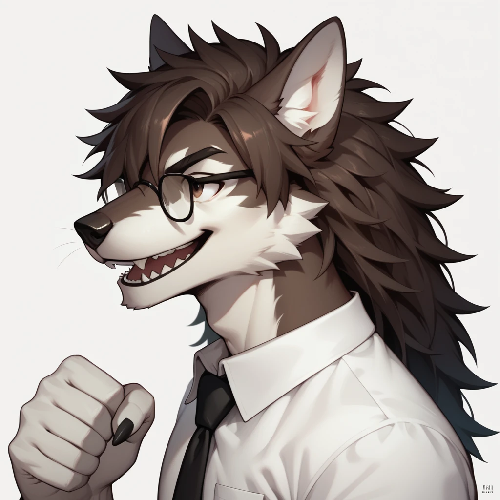 score_9,score_8_up,score_7_up, an Anthro furry male wolf, Tall and slender, dark brown shaggy hair, brown eyes, black thick rim glasses, wearing white button up shirt, black tie, black slacks, simple white background, big smile, mouth open, lookin triumphant, holding up a fist, Dunedin action, furrowed eyebrows, looking up, side view, 