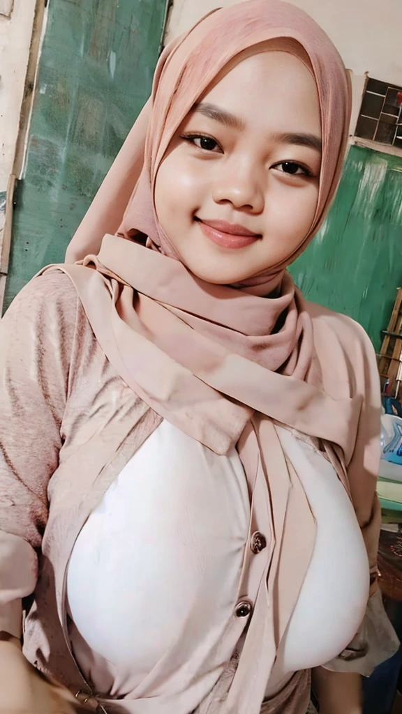 Indonesian woman wearing hijab, smile, big curvy body