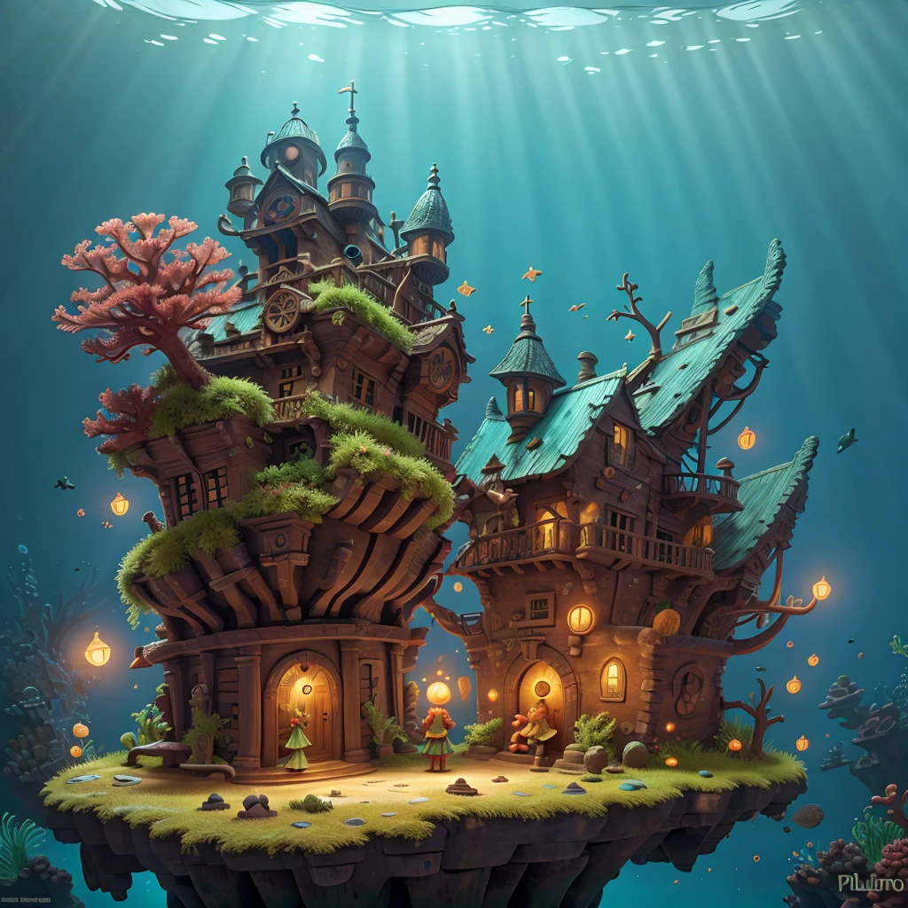 In a brief interim a coral fairy dressed with algae illuminates with St. Elmo's Fire a pirate wrecking site on covered by algae and coral, showcasing the wrecked ship partially hidden by the acuatic vegetation, a wooden treasure chest, underwater scene, Caribbean sea, melancholic, organic forms, art nouveau, slightly influenced by Zena Holloway, Shaun Tan and Seth Globepaint.
