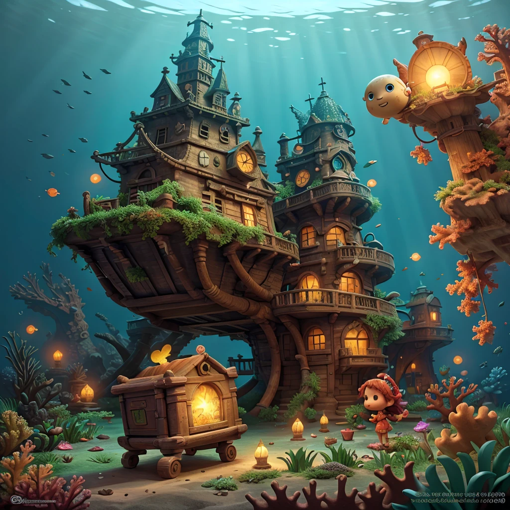 In a brief interim a coral fairy dressed with algae illuminates with St. Elmo's Fire a pirate wrecking site on covered by algae and coral, showcasing the wrecked ship partially hidden by the acuatic vegetation, a wooden treasure chest, underwater scene, Caribbean sea, melancholic, organic forms, art nouveau, slightly influenced by Zena Holloway, Shaun Tan and Seth Globepaint.
