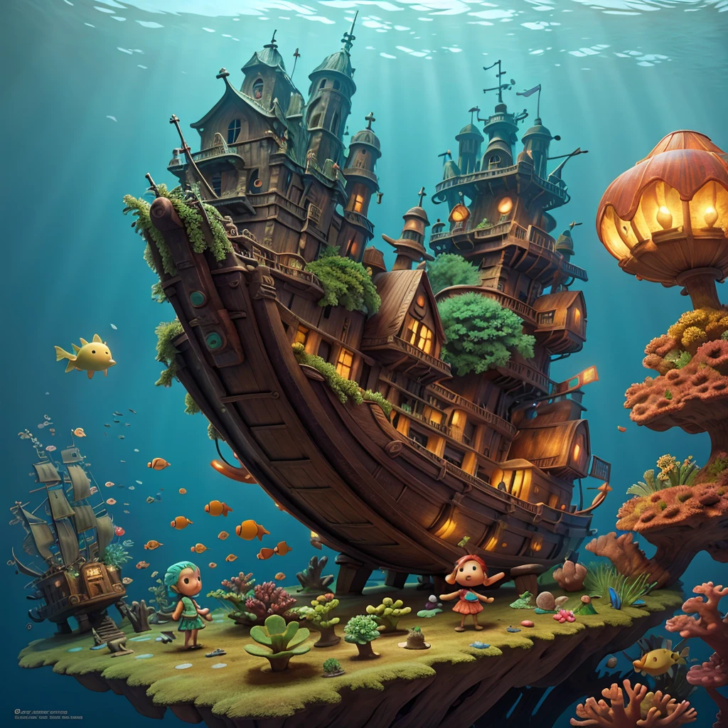 In a brief interim a coral fairy dressed with algae illuminates with St. Elmo's Fire a pirate wrecking site on covered by algae and coral, showcasing the wrecked ship partially hidden by the acuatic vegetation, a wooden treasure chest, underwater scene, Caribbean sea, melancholic, organic forms, art nouveau, slightly influenced by Zena Holloway, Shaun Tan and Seth Globepaint.