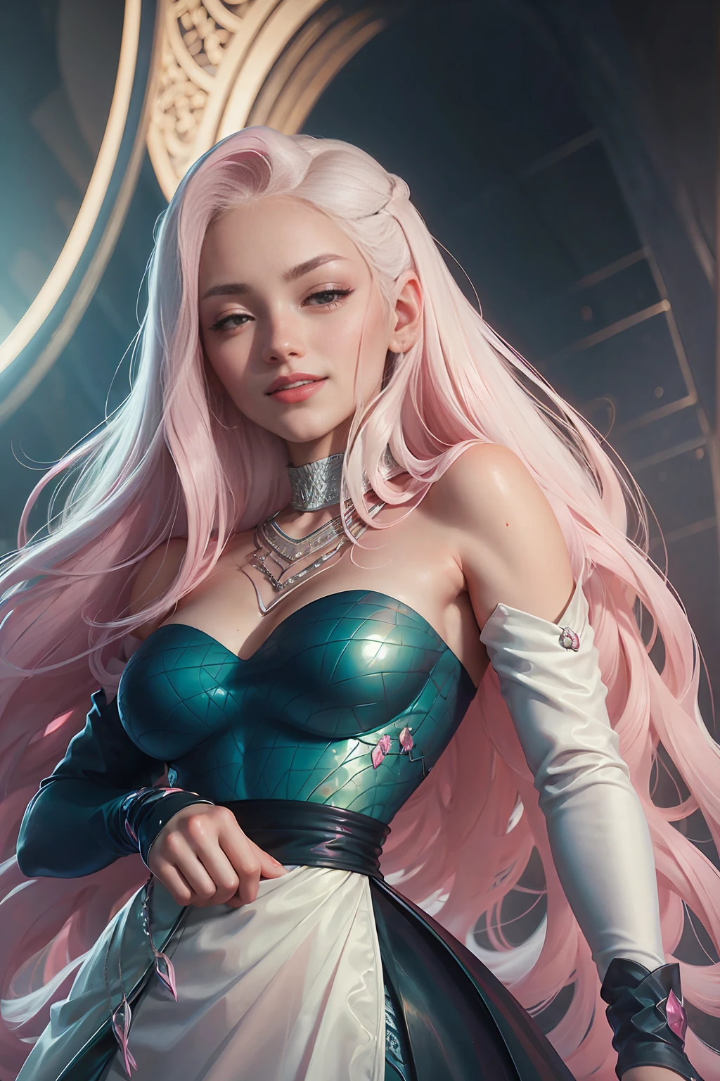 portrait of a beautiful age girl, breasts big, intricate dress, Sorriso Soft, Red lips, white hair with pink tips, greeneyes, 真实感, digitalpainting, conceptual artwork, Soft, sharp focus,
