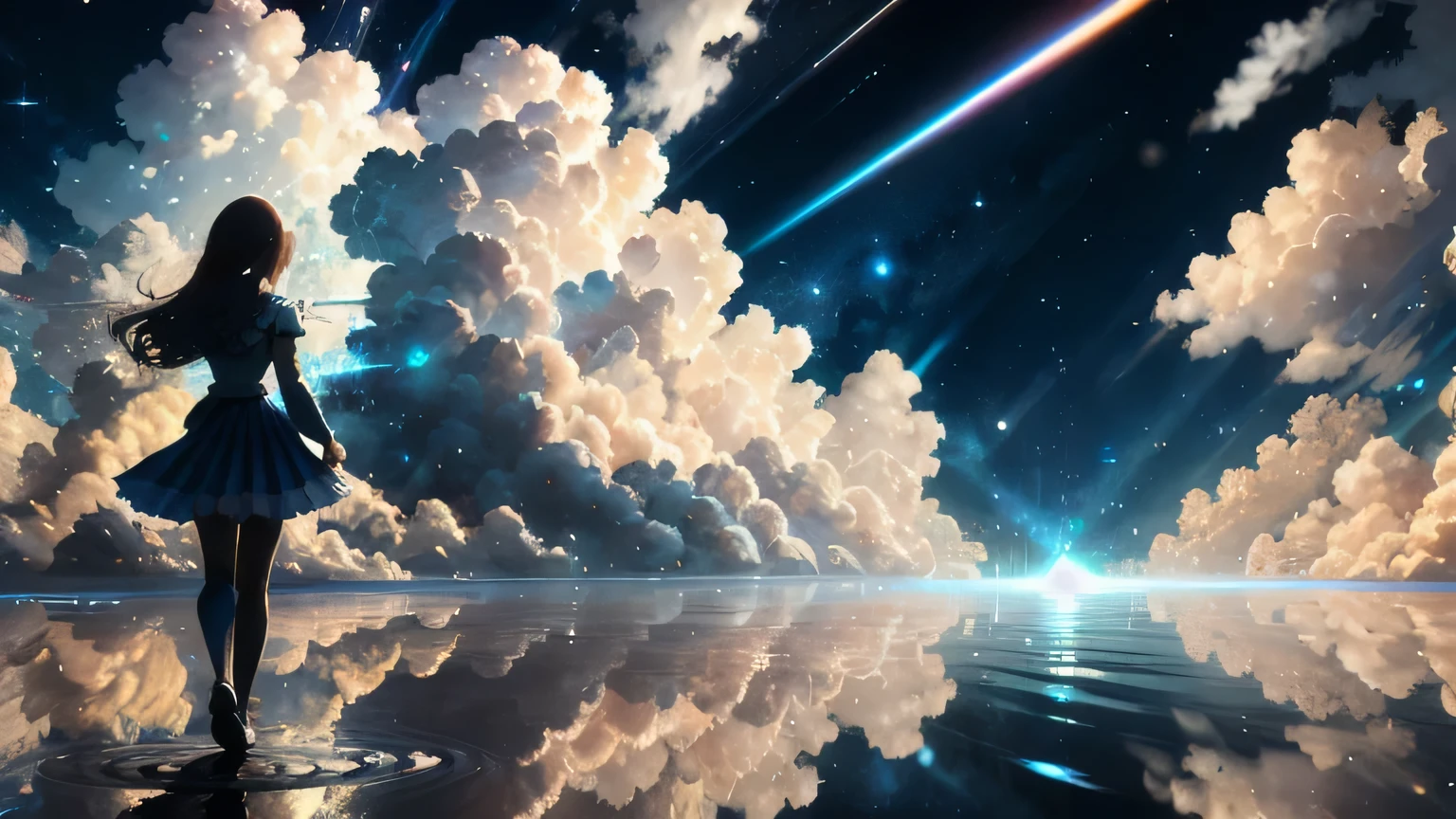 masterpiece, Highest quality, Halftone, cloud, Light_particle, null間, null,water,girl,night
