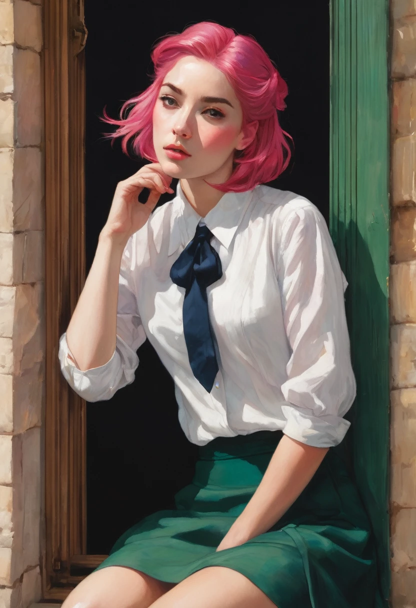 A captivating illustration of a young woman with vibrant pink hair, sitting leisurely on a ledge or window sill. She is dressed in a classic ensemble, wearing a white blouse with a red tie, a green skirt, and knee-high socks. Her relaxed posture, with one leg crossed over the other, exudes a sense of comfort and ease. The backdrop features a deep blue door or window frame, contrasting with the soft, cloud-like formation above her head. The overall atmosphere of the image invites introspection, as the woman appears lost in thought, pondering the mysteries of life.