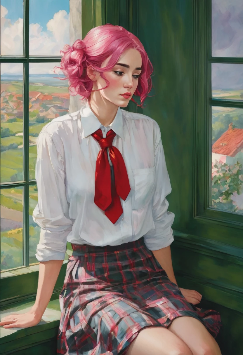 A captivating illustration of a young woman with vibrant pink hair, sitting leisurely on a ledge or window sill. She is dressed in a classic ensemble, wearing a white blouse with a red tie, a green skirt, and knee-high socks. Her relaxed posture, with one leg crossed over the other, exudes a sense of comfort and ease. The backdrop features a deep blue door or window frame, contrasting with the soft, cloud-like formation above her head. The overall atmosphere of the image invites introspection, as the woman appears lost in thought, pondering the mysteries of life.