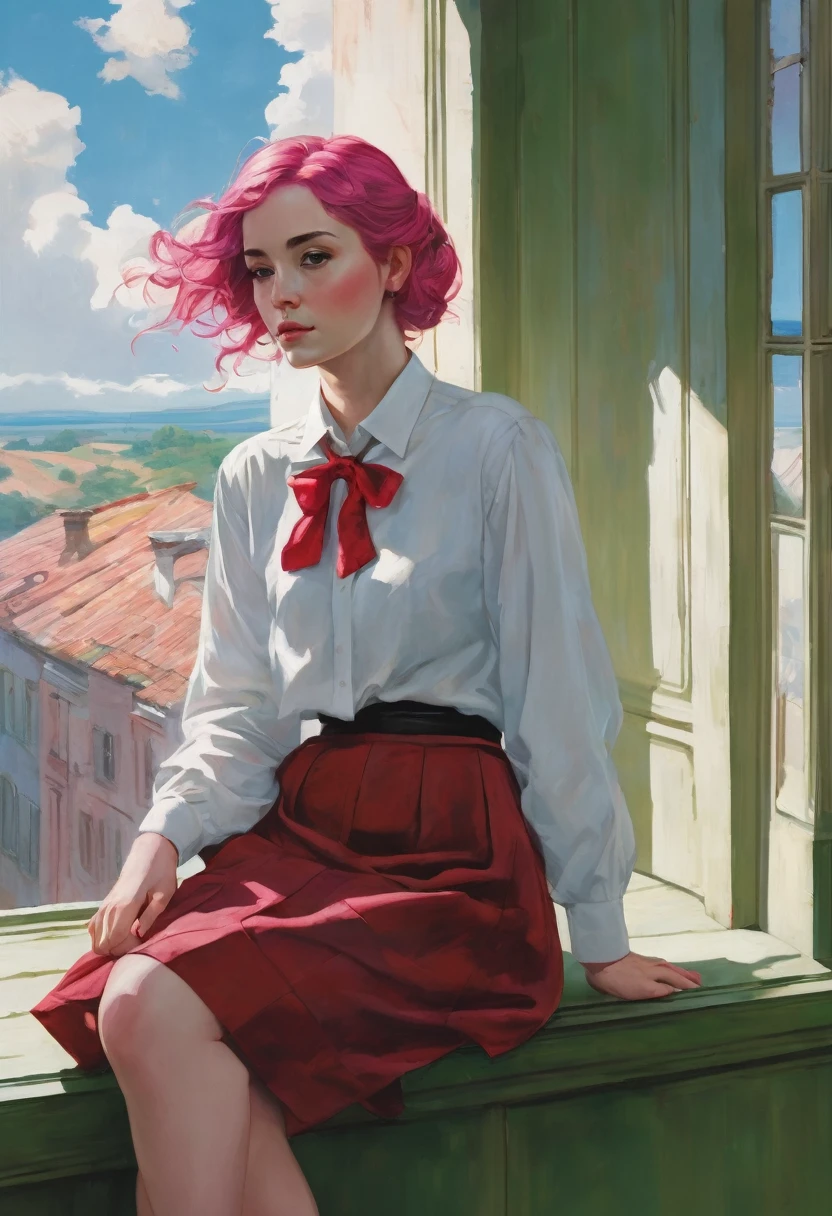 A captivating illustration of a young woman with vibrant pink hair, sitting leisurely on a ledge or window sill. She is dressed in a classic ensemble, wearing a white blouse with a red tie, a green skirt, and knee-high socks. Her relaxed posture, with one leg crossed over the other, exudes a sense of comfort and ease. The backdrop features a deep blue door or window frame, contrasting with the soft, cloud-like formation above her head. The overall atmosphere of the image invites introspection, as the woman appears lost in thought, pondering the mysteries of life.