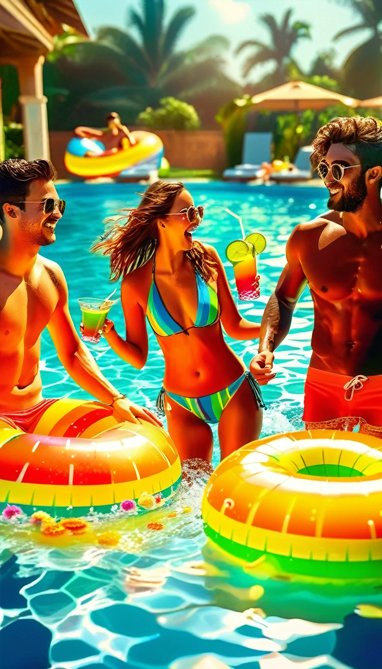 A beautiful detailed portrait of a group of young people enjoying a pool party, (best quality,4k,8k,highres,masterpiece:1.2),ultra-detailed,(realistic,photorealistic,photo-realistic:1.37),group of 1girl and 2boys in swimwear, people dancing in the pool, colorful pool floats, cocktails and drinks, outdoor pool setting, party atmosphere, vibrant colors, dramatic lighting, summer fun