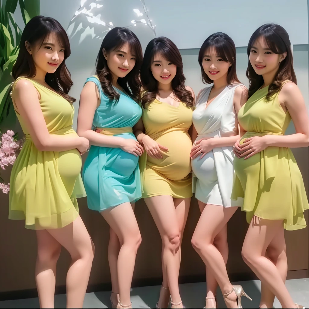 a pregnant woman in a mini tight dress, open chest, cleavage, smiling, extremely detailed, hyper realistic, 8k, cinematic, dramatic lighting, studio lighting, photorealistic, HDR, fine art portrait, high quality, elegant, beauty, feminine, graceful, sensual, alluring, mesmerizing, striking pose