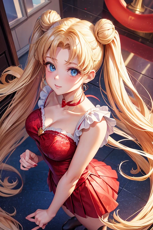 Digital Art adult woman with blonde hair, blue eyes, two buns, heart shaped face in red lace dress with high heel shoes standing similar to Usagi Tsukino character from Sailor Moon anime style