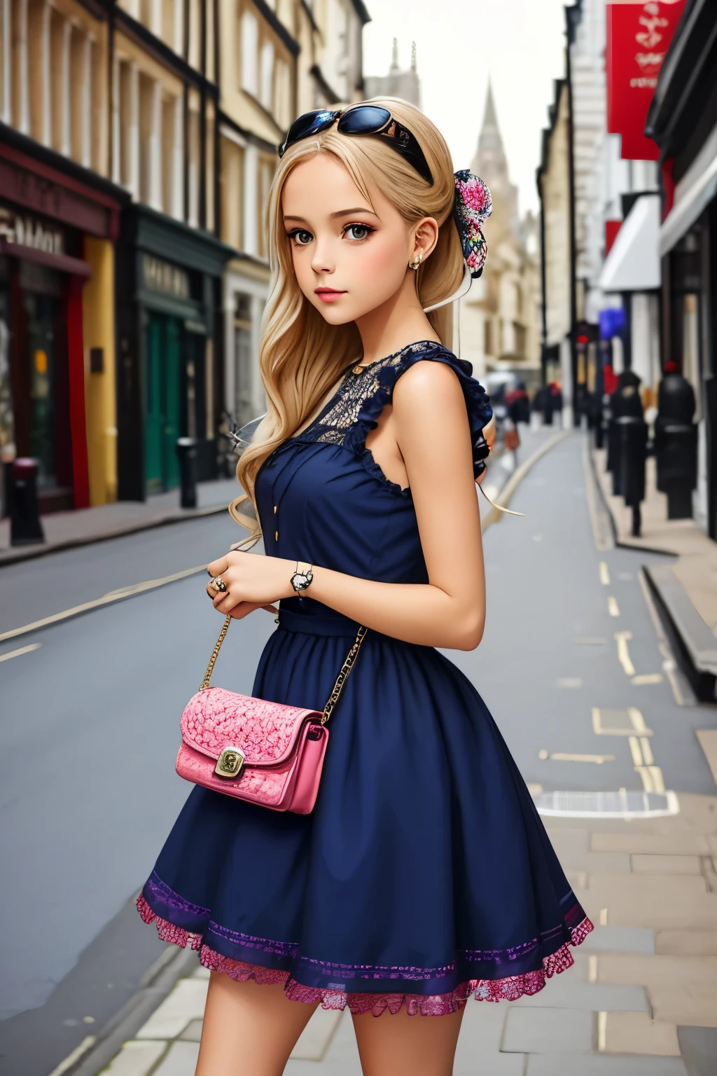 Girl in feminine girly style dress, viewer's gaze, frills, colorful, London cityscape