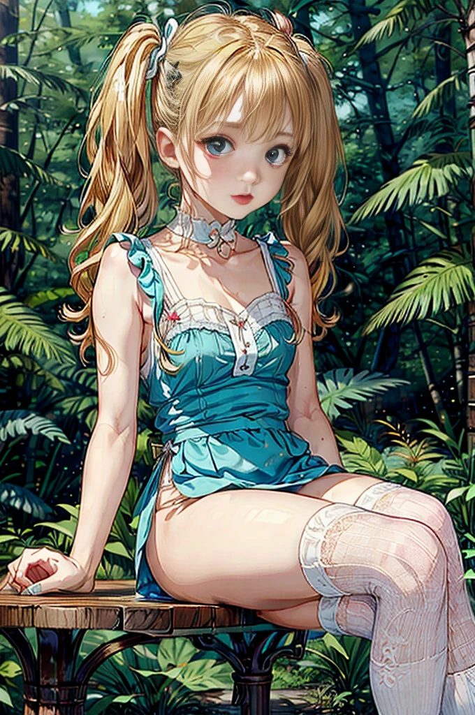 (masterpiece, best quality, fairy tale illustration:1.2), intricate details, 1girl, 25 years old Alice in Wonderland clothes, blue sleeveless dress, skinny, blonde hair, pigtails, blonde pigtails, open legs, tight panties, black and white knee socks, ((sitting at a table in a forest, daytime)), ((drinking tea from a white porcelain cup)), 3/4 view, closeup