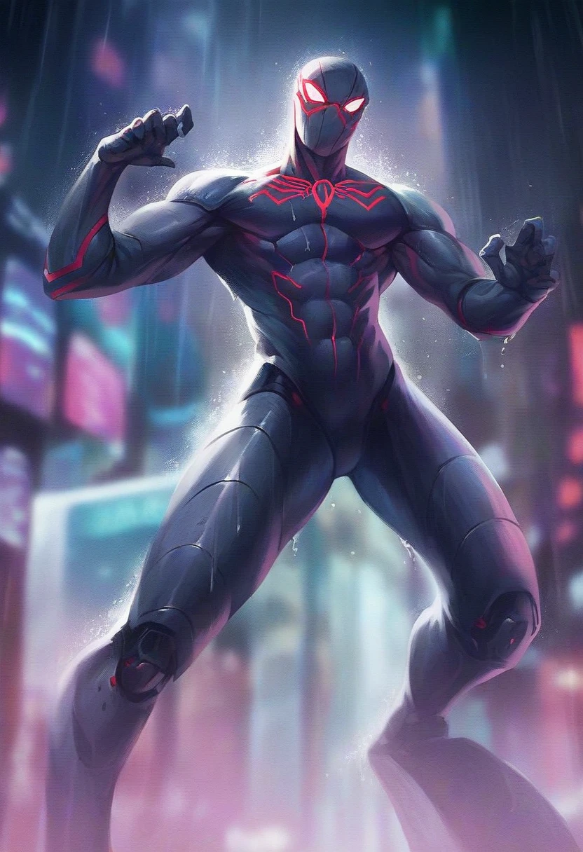 highly detailed, cinematic lighting, cyberpunk, dark rainy night, neon city background, spider-man in futuristic nano armor, advanced technology, hyper realistic, 8k, photorealistic, intricate details, dramatic pose, dynamic composition, volumetric fog, reflections, depth of field, glowing neon, chrome metal, wet surfaces, film grain